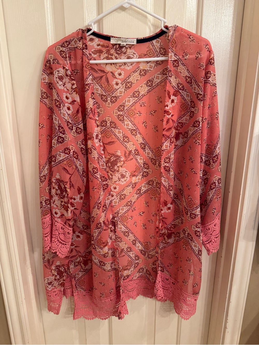 Rewind Coral Peach Floral Lace-Trim Open Cardigan